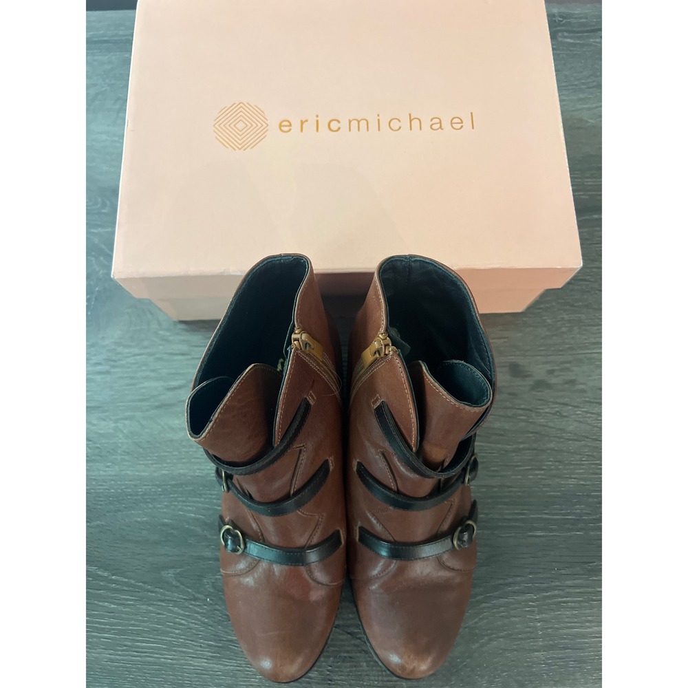 Eric Michael Brown Leather Triple Buckle Wedge Ankle Boots Made in Spain Size 40